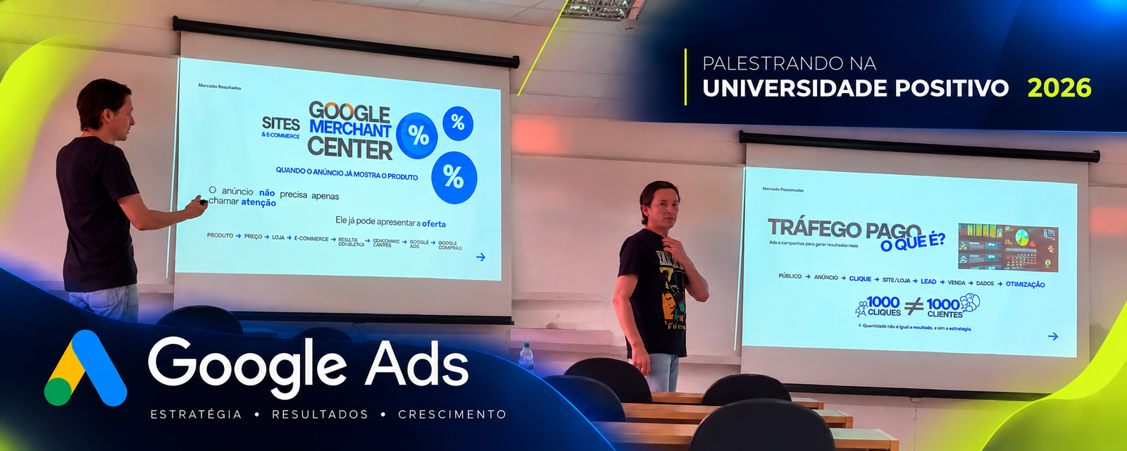 Dan Vitor Chemin palestrando sobre Google Ads na Universidade Positivo em 2026